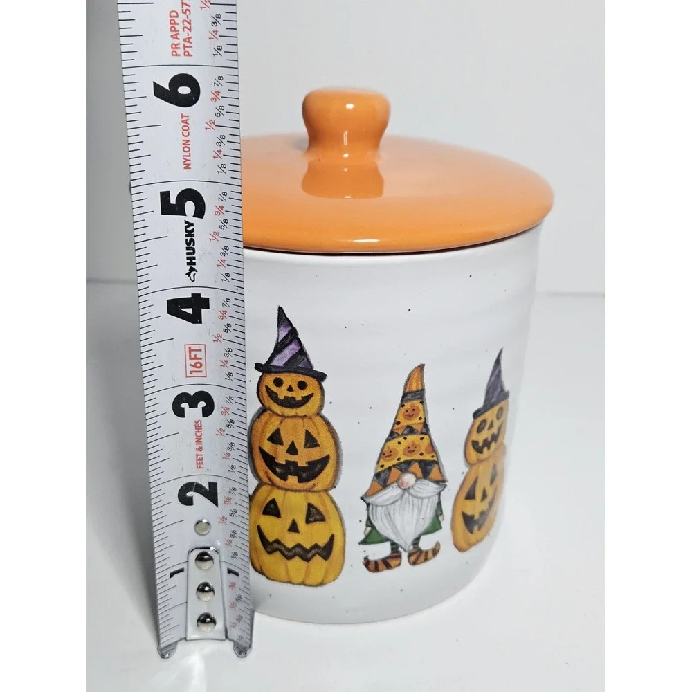 Cobwebs And Cauldrons Halloween Gnome Pumpkin Ceramic Canister Cookie Jar Orange
